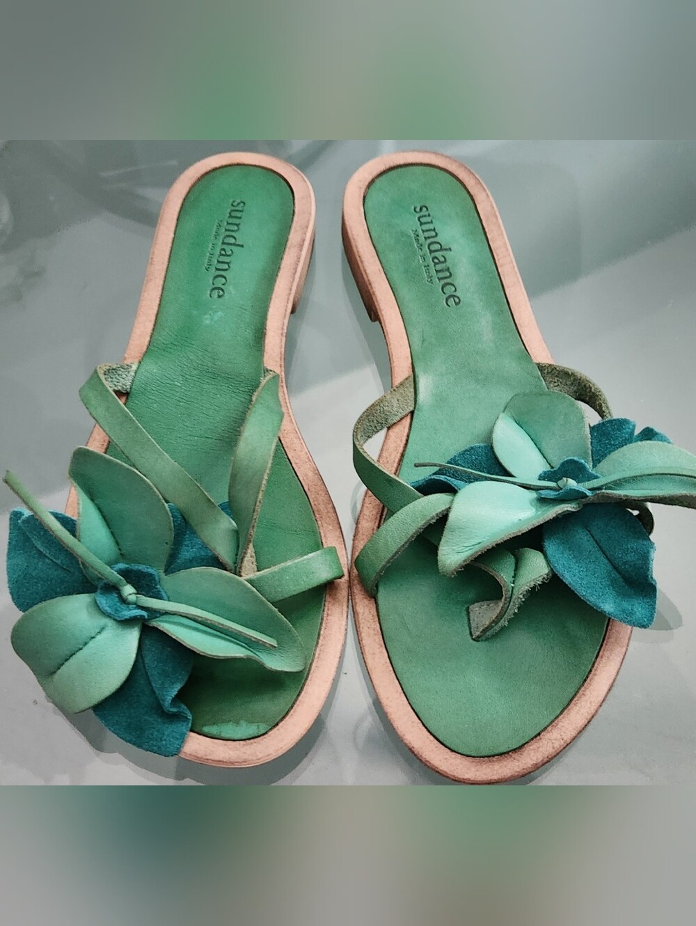 Sundance Teal Green Floral Leather Slide Sandals
